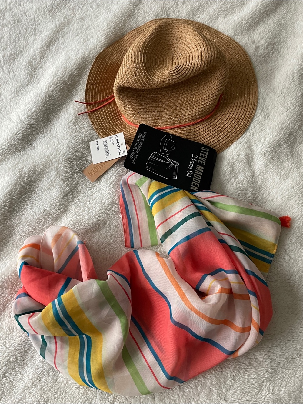 Steve Madden Coral and Multicolor Stripe Summer Scarf and Hat 2 piece set